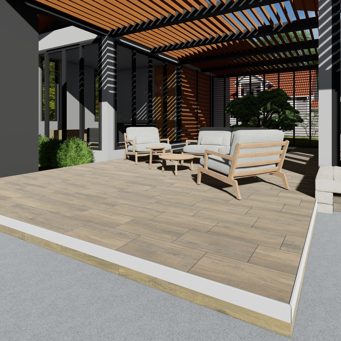 Aged Teak Rainier flexible flooring blocks with light to medium brown and gray tones