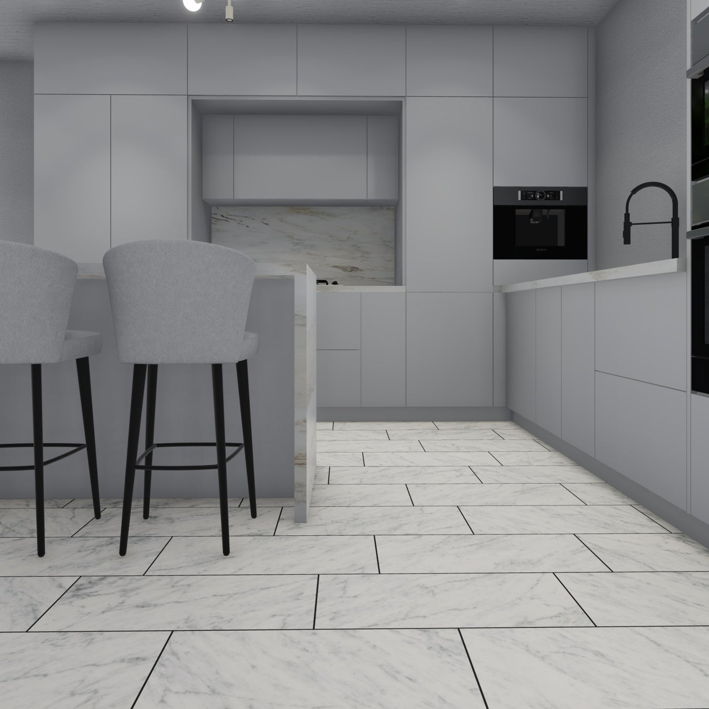 Pre-assembled Carrara Marble Rainier tiles ideal for hot sunny decks